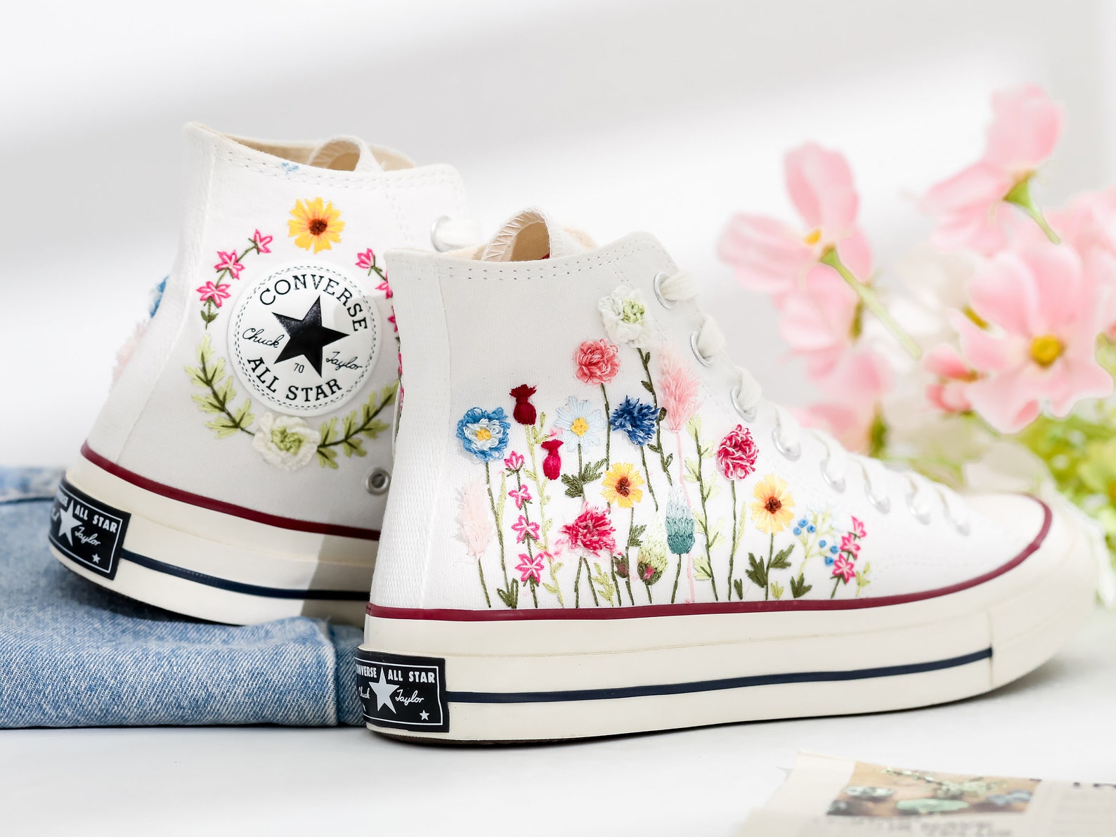 Wedding Converse for Bride, Garden Sunflower Embroidered Converse Custom, Colorful Flowers Embroidered Shoes, Custom Design Bridal Sneakers - 6. 1970s Summit Sage, 10.5Women/ 8.5Men US