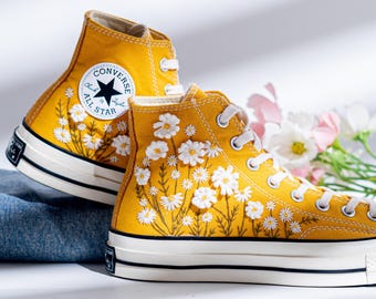 Custom Embroidered Converse Chuck 70 High Top Yellow, Wildflower Embroidery Converse Shoes, Floral Embroidered Bride Sneakers, Women Gifts