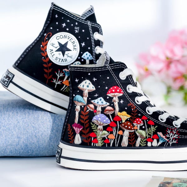 Custom Converse Chuck Taylor Mushrooms Embroidered Converse Shoes, Mushrooms Embroidered Sneakers, Mushrooms Embroidered Converse Custom