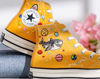 Converse Chuck Taylor bordados personalizados de los años 70, lindas zapatillas con bordado de tiburón, zapatillas con bordado de océano y galaxia, Converse con bordado de tiburón