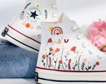 Wedding Converse Platform, Wedding Flowers Embroidered Platform Converse, Bridal Flowers Embroidered Sneakers, Personalized Bridal Sneaker