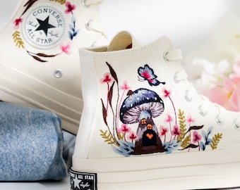 Custom Converse Chuck Taylor Mushrooms Embroidered Converse Shoes, Butterfly and Mushrooms Embroidered Sneakers, Mushrooms Embroidered Shoes