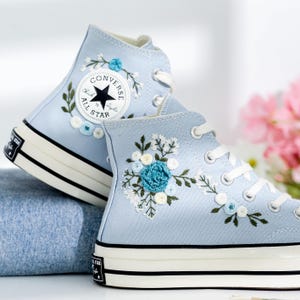 Embroidered Platform Converse High Tops, Blue Embroidery Shoes, White Flower  Embroidered Converse Wedding Bridal Floral Embroidered Sneaker