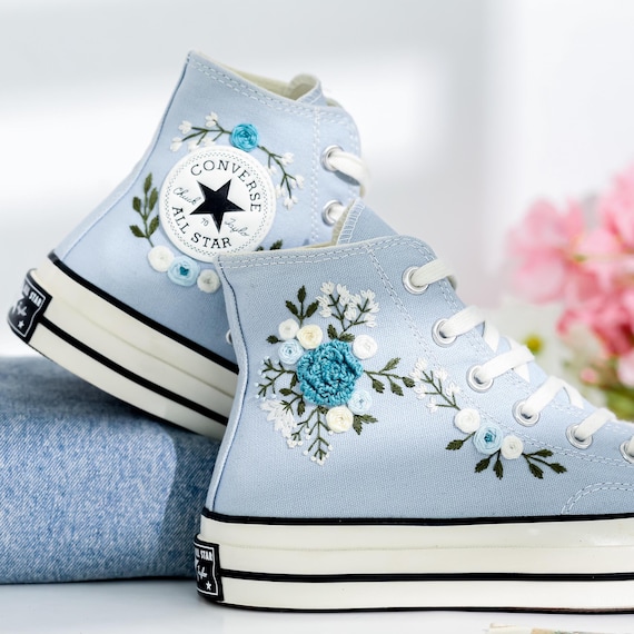 Embroidered Platform Converse High Tops, Blue Embroidery Shoes, White  Flower Embroidered Converse Wedding Bridal Floral Embroidered Sneaker