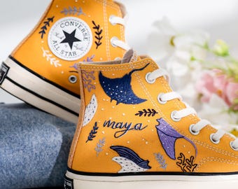 Custom Embroidered Converse, Ocean, Manta Ray Embroidered Shoes, Ray Embroidered Sneakers, Ocean Vibes Embroidery Converse, Gifts for Divers