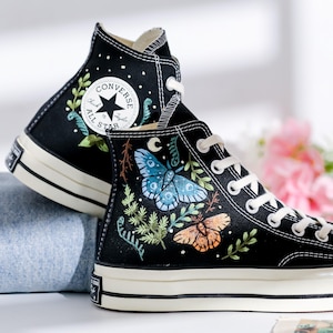 Custom Converse Embroidered,Botanical Butterfly Embroidered Converse, Moth Embroidered Sneakers, Ghost, Bugs Embroidered Sneakers