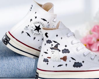 Ghost Witch Riding a Broom Halloween Converse, Halloween Ghost Embroidered Shoes Custom, Ghost Custom Converse, Spooky Season Gift Converse