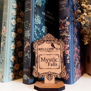 Mystic Falls Sign | Vampire Diaries Decor | TVD Fan Gift | Wooden Shelf Decor | Bookish Room Decor | Fantasy Bookshelf Accessory