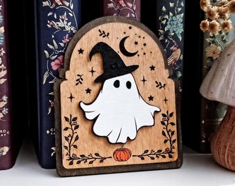 Uroczy drewniany duch | Uroczy drewniany duch | Dekoracja na Halloween | Dekoracja na półkę z duchem | Uroczy jesienny ornament | Prezent dla ducha