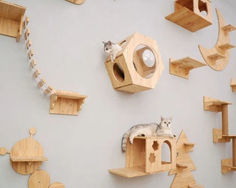 Cat Wall Shelves, Cat Climbing Wall, Cat Shelves - Cat Playground including Cat Stairs, Cat Wooden Toys, Cat Bed, Cat Wall Steps and more