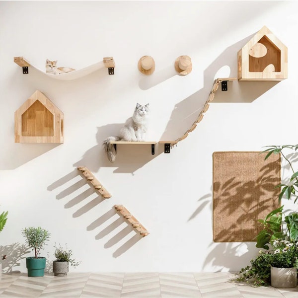 Cat Shelves, Cat Climbing Wall (8 Parts - Complete Set) - Cat Wall Shelves, Cat Playground with Cat Bed, Cat Stairs, Cat Wall Steps & more