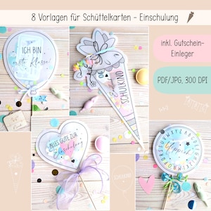 Könnte beinhalten: Eine Sammlung von acht Vorlagen für Schüttelkarten zur Einschulung. Designs beinhalten einen Ballon mit "ICH BIN erste Klasse!", ein Herz mit "ALLES GUTE ZUR Einschulung" und eine Kegelform mit "SCHULKIND". Inklusive PDF/JPG, 300 DPI.