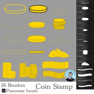 May include: A set of 16 Procreate brushes for creating coin-shaped stamps. The brushes are designed to create realistic-looking coins with different textures and styles. The image shows examples of how the brushes can be used to create stacks of coins, piles of coins, and single coins.
