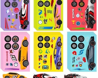 6 x  racing car sticker decorate sheets for party bags, scrapbooking, card making, crafting, laptop, pencil cases (random selection)
