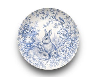 Frans blauw toile konijnenbord, onbreekbaar blauw wit konijntje