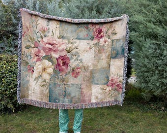 Floral Patchwork Woven Blanket – Romantic Cottagecore Throw or Tapestry, Shabby Chic Farmhouse Decor