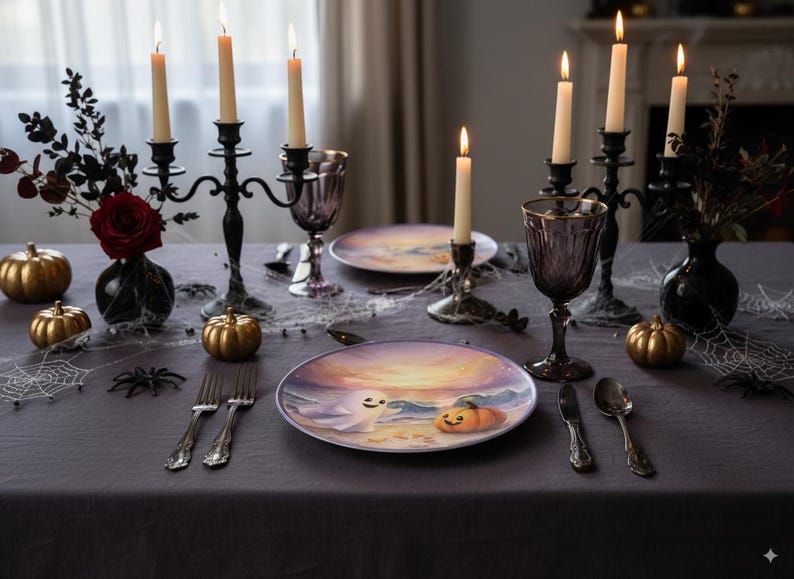 May include: A Halloween-themed table setting with a dark gray tablecloth. The table is decorated with gold pumpkins, black candelabras with lit candles, and plates with a ghost and pumpkin design. Silverware and purple goblets complete the festive look.