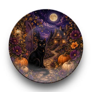 May include: A round decorative plate featuring a detailed illustration of a black cat sitting on a stone path. The scene includes orange pumpkins, purple and yellow flowers, a cottage with glowing windows, and a full moon in a dark purple sky.