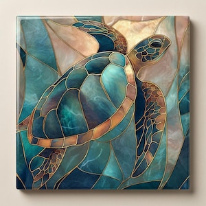May include: Square artwork depicting a sea turtle in shades of blue, teal, and brown, with gold outlines. The turtle is rendered in a stained-glass style against an abstract background.