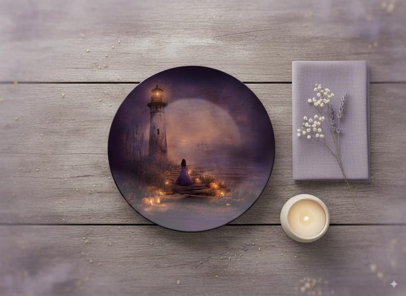 May include: A decorative plate with a lighthouse scene in shades of purple and orange. A figure in a long dress stands near the lighthouse. A lavender napkin, flowers, and a candle are also present.