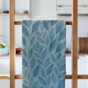 Rainy Blue Leaves Tea Towel – All Over Print Kitchen Towel, 18x30 Cotton Twill, Coastal Blue Botanical, Watercolor Cottage Decor