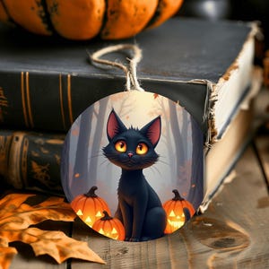 黒猫のハロウィンオーナメント。かわいいカボチャの猫の飾り。秋のゴスやコテージコアスタイルにぴったりの魔女風吊り下げオーナメント。