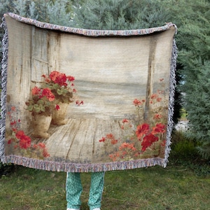 Vintage-Inspired Coastal Porch Woven Blanket – Rustic Cottage Throw Tapestry with Geraniums