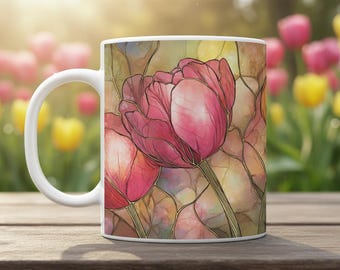 Pink & Gelb Tulpe Becher - Blumenkaffeetasse im Buntglas Stil, 11 Unzen Polybecher, Geschenk für Gartenliebhaber