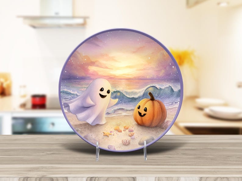Coastal Halloween Plate: Ghost & Pumpkin Beach Dinnerware image 6