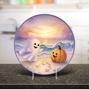 Coastal Halloween Plate: Ghost & Pumpkin Beach Dinnerware image 3