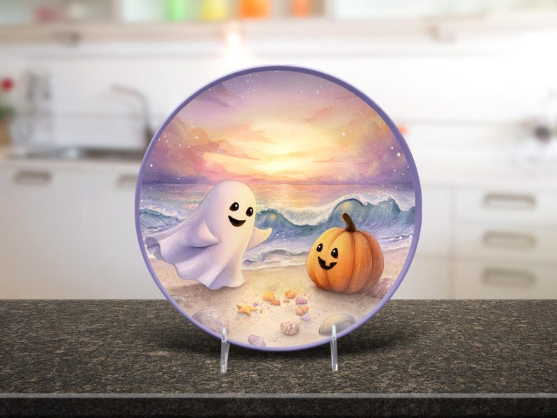 Coastal Halloween Plate: Ghost & Pumpkin Beach Dinnerware image 3