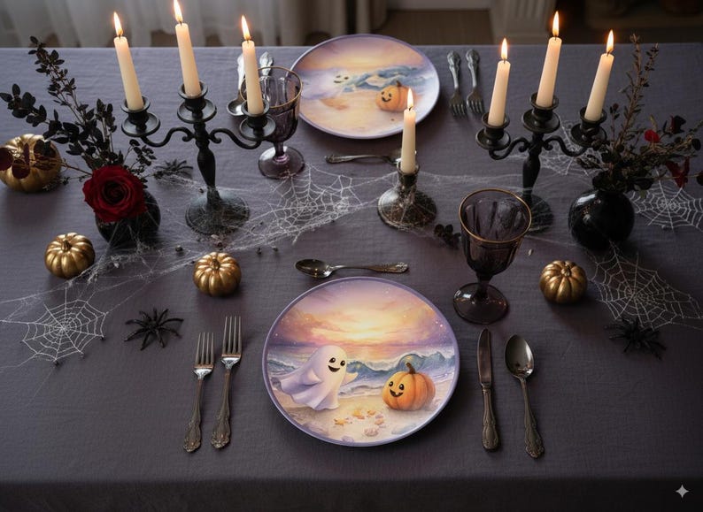 May include: A Halloween-themed table setting with plates featuring a ghost and pumpkin design. The table is decorated with candles, spiderwebs, and golden pumpkins. Silverware and dark purple goblets complete the festive look.