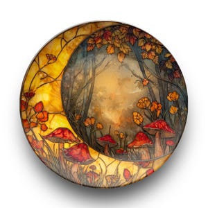 Puede incluir: Un plato decorativo con una escena de bosque caprichosa. El diseño incluye setas con sombrero rojo, flores naranjas y una forma de media luna con follaje otoñal. La paleta de colores es cálida, con tonos de amarillo, naranja y marrón.