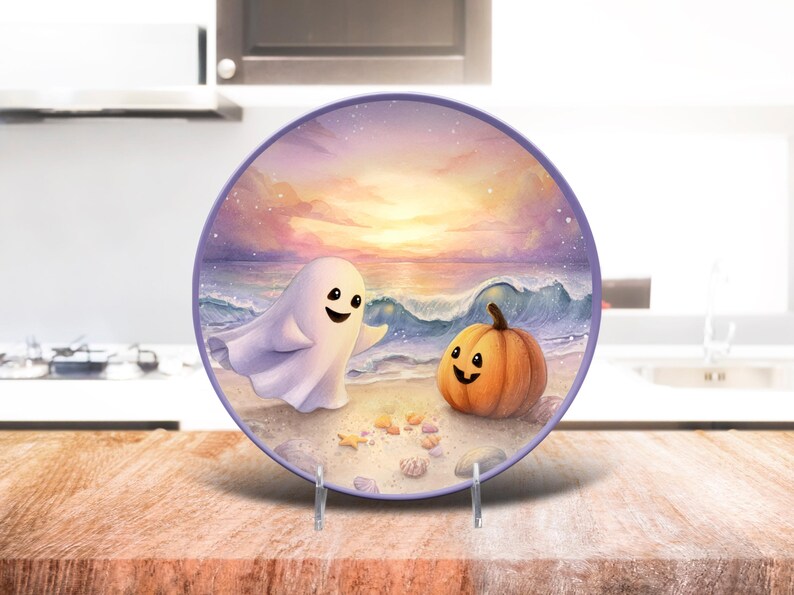 Coastal Halloween Plate: Ghost & Pumpkin Beach Dinnerware image 5