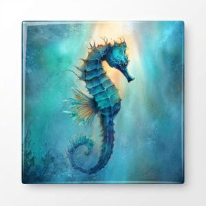 May include: A vibrant, artistic depiction of a seahorse in shades of teal and blue. The seahorse is the focal point, with a detailed, textured body and a curled tail. The background features a soft, blurred effect, creating a sense of depth.