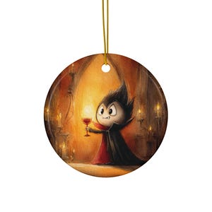 Cute Vampire Ornament – Watercolor Halloween Decor, Gothic Cartoon Dracula, Candlelit Castle Scene, Ceramic Ornament