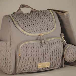Braided Diaper Backpack: Stylish Tan Beige Mom Bag - Includes Changing Mat and Stroller Clips