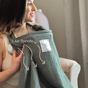 授乳用クールカバー | ファン内蔵 | 授乳中に赤ちゃんを涼しく保ちます | セージ、ピンク、ブルー | モスリンコットン100% | ベビーシャワーギフトに最適