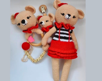 Conjunto de oso de ganchillo, peluche amigurumi hecho a mano, regalo para baby shower