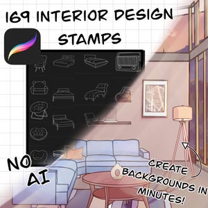 May include: 169 interior design stamps for Procreate. Create backgrounds in minutes. No AI. Illustration of a living room with a sofa, coffee table, lamp, and a framed picture. The image also shows a black and white grid with various furniture and decor icons.