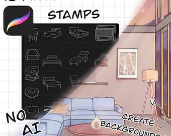 Puede incluir: 169 sellos de diseño de interiores para Procreate. Crea fondos en minutos. Sin IA. Ilustración de una sala de estar con un sofá, una mesa de café, una lámpara y un cuadro enmarcado. La imagen también muestra una cuadrícula en blanco y negro con varios iconos de muebles y decoración.