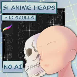 Może przedstawiać: Cyfrowa ilustracja przedstawiająca 51 głów anime i 10 czaszek, z zbliżeniem na czaszkę i pustą głowę anime. W obrazie widoczny jest tekst "51 ANIME HEADS + 10 SKULLS" i "NO AI".