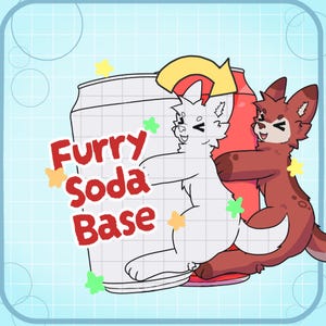 Puede incluir: Ilustración de una lata y una botella de refresco abrazadas por dos personajes de dibujos animados. El texto "Furry Soda Base" está en rojo y amarillo. El fondo es azul claro con un patrón de cuadrícula y estrellas.
