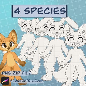 May include: Digital art featuring four cartoon animal species: a fox, a cat, and two rabbits. The fox is colored, while the others are outlines. Text reads "4 SPECIES", "PNG ZIP FILE", and "PROCREATE STAMP".