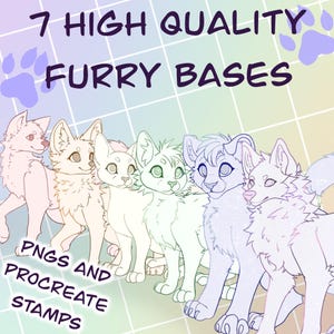 7 High quality feral furry bases for oc’s and adopts! Wolf, cat, dog, leopard, and fox full body bases. PNG and procreate stamp download.