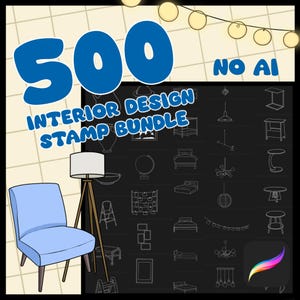 Pode incluir: Uma ilustração com uma cadeira azul clara, uma luminária de chão tripé de madeira com uma tela branca e um fundo preto com carimbos de design de interiores. O texto "500 Interior Design Stamp Bundle" é exibido em azul.