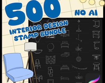 Puede incluir: Ilustración de una silla azul claro, una lámpara de pie trípode de madera con una pantalla blanca y un fondo negro con sellos de diseño de interiores. El texto "500 Interior Design Stamp Bundle" se muestra en azul.