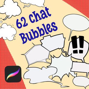 May include: An illustration featuring various white chat bubbles in different shapes and sizes, set against a light yellow background with red polka dots. The text "62 chat Bubbles" is written in blue. A Procreate app icon is in the lower left corner.