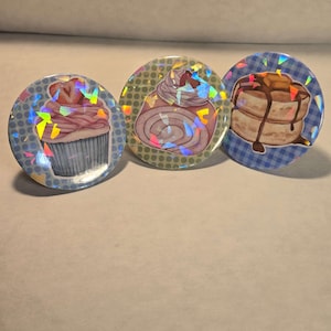 Sweet treats pin back buttons holographic lamination. Pancake, cake roll, cupcake. 2 inches