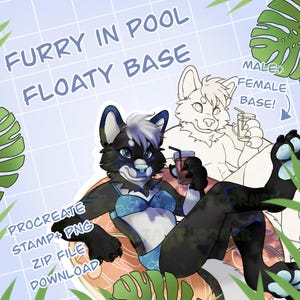 Furry character base png zip and procreate stamp download! Furry wolf male and female sitting in pool floaty summer pose